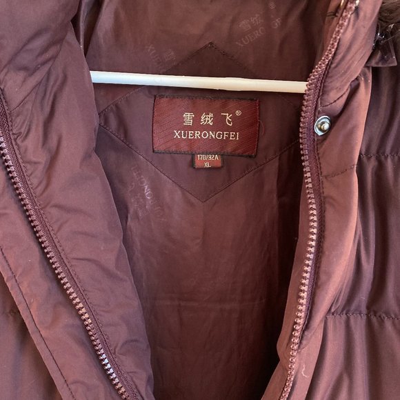 Down Puffer Jacket  Maroon Burgundy Embroidered Coat with Fur Trim - Picture 5 of 15